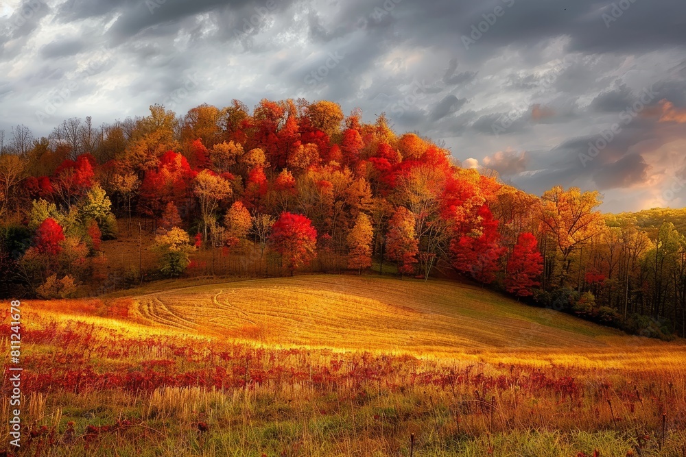 Poster a field filled with a multitude of trees displaying vibrant autumn colors, a hillside ablaze with th