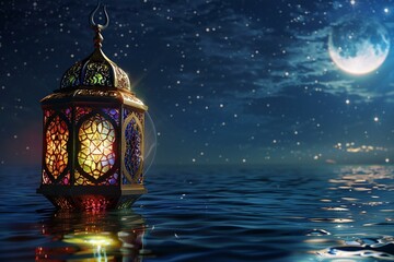 Lantern in the sea at night,  Ramadan Kareem