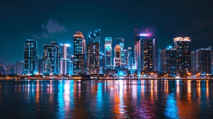 Fototapeta premium Nighttime cityscape with illuminated high-rise buildings, creating a mesmerizing spectacle of lights and reflections against the dark sky.