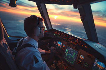 Fototapeta premium young handsome pilot in the cockpit of airplane