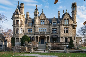 A large castle-like building with turrets and many windows, showcasing its impressive architecture, A historic castle with turrets and grand stone facades