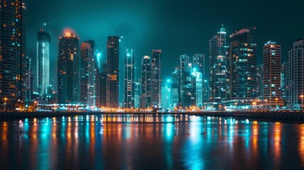 Nighttime cityscape with illuminated high-rise buildings, creating a mesmerizing spectacle of lights and reflections against the dark sky.