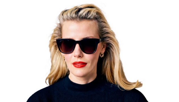 photo of beautiful woman with blonde hair and sunglasses posing for picture, generative AI