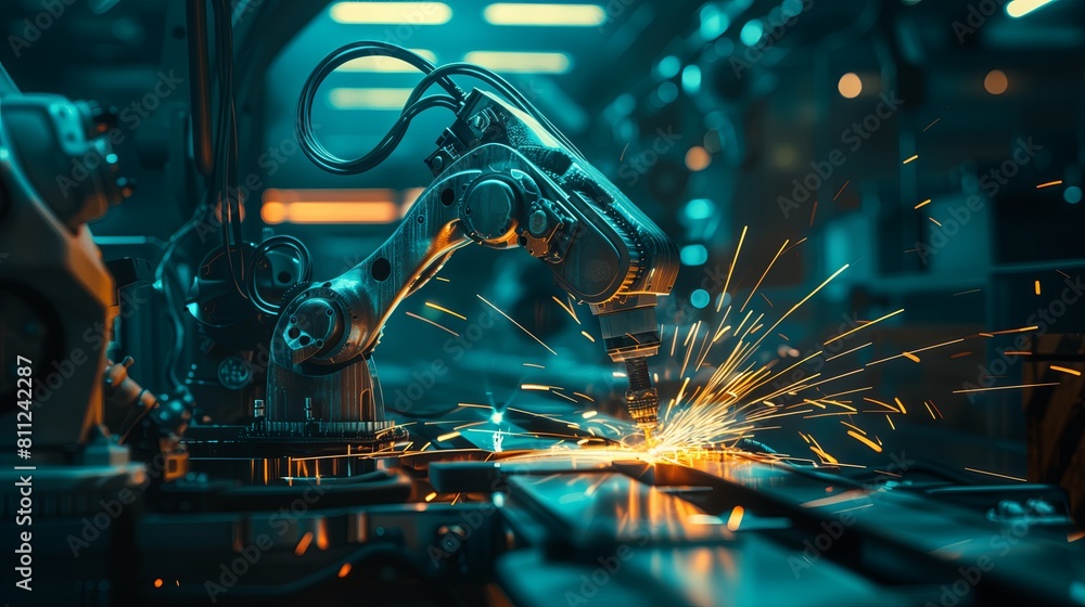 Aufkleber modern industrial factory with automated machinery, robotic arms in metal production. engineering an