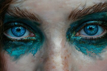 Close-up shot of beautiful woman's eyes with blue make-up
