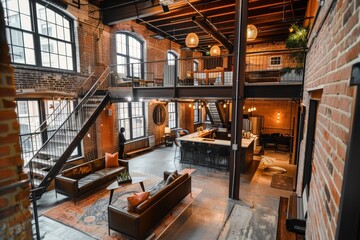 Living Room With Abundant Windows and Furniture, A historic office building that has been converted from a former warehouse, showcasing its original brick facade and industrial charm