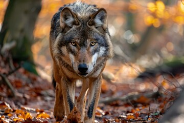 Grey wolf in autumn forest,  Portrait of a wolf in nature