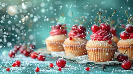   Table topped with cupcakes covered in frosting, cherry, and sprinkle