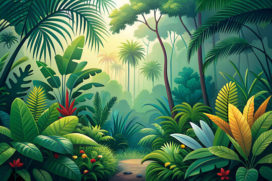 Botanical flat design side view jungle theme 3D render tetradic color scheme
