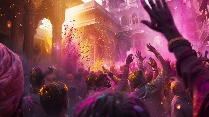A colorful Holi festival in full swing, captured in a moment of joy, enhanced by AI generative...