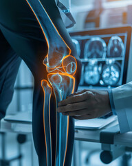 A doctor analyzes a holographic display of a patient's knee joint, showcasing advanced medical imaging technology in a clinical setting.