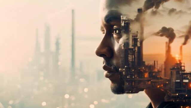 A close-up of a factory worker's face overlaid with a cityscape, symbolizing the human element within the industrial landscape.
