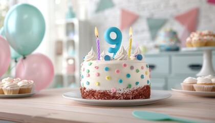 Celebration cake with number 9 candle, balloons, and decorations on blurred background