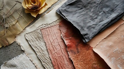 An assortment of textured fabric samples in various earth tones