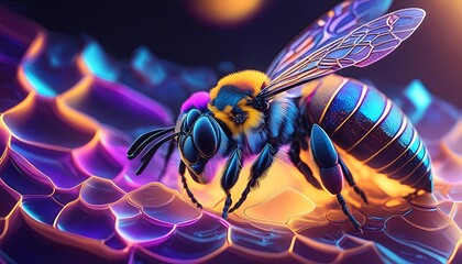 Surreal neon-lit bee on a stylized surface, showcasing vibrant blue, purple, orange hues with dramatic lighting—perfect for artistic and sci-fi themes.