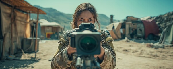 Focused soldier taking a photo in encampment