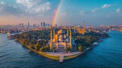 Aerial View of Topkapi Palace in Istanbul with a Stunning Rainbow Over the Cityscape