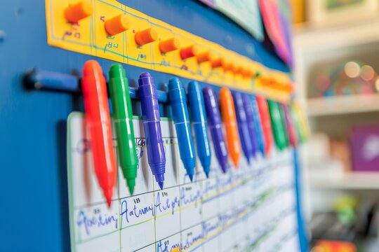 Close up of a wall covered with a variety of colorful pens lined up neatly, A homeschooling schedule or calendar displayed on a bulletin board with colorful markers