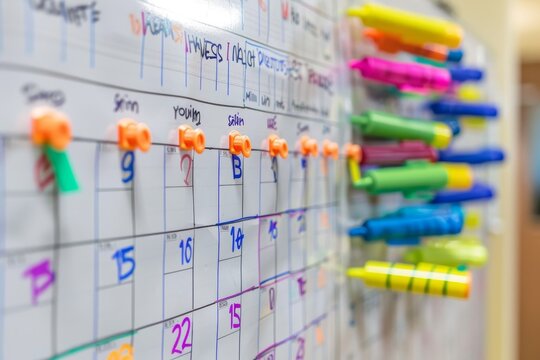 A calendar with colorful markers pinned on it hanging in a hallway, A homeschooling schedule or calendar displayed on a bulletin board with colorful markers