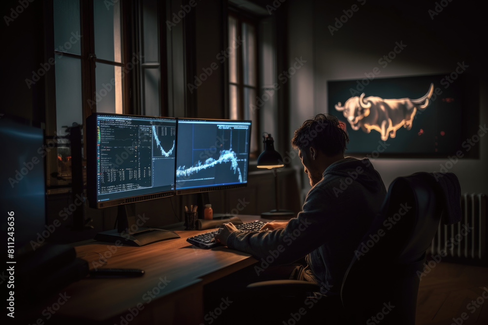 Aufkleber a man is seated at a desk, engaging with a computer screen in front of him