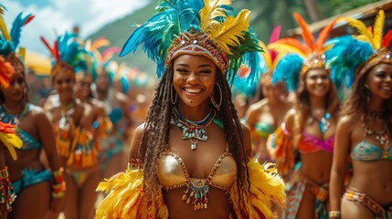 Vibrant Samba Dancers Celebrating with Colorful Costumes and Headdresses in a Festive Parade