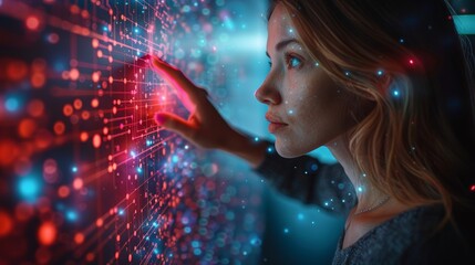 Young Woman Interacting with a Futuristic Digital Interface Display