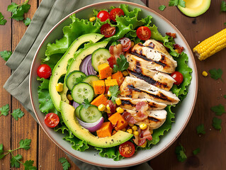 Vegetable salad with grilled chicken breast, avocado, tomatoes and corn on a plate, fresh and healthy meal.