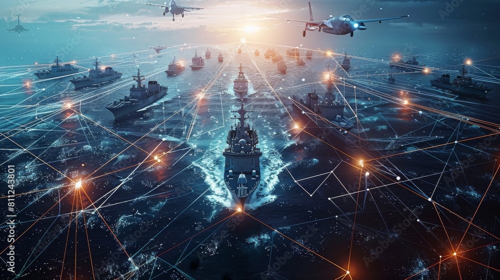 Poster a display of modern military assets, including real currently used fighter planes, ships, satellites