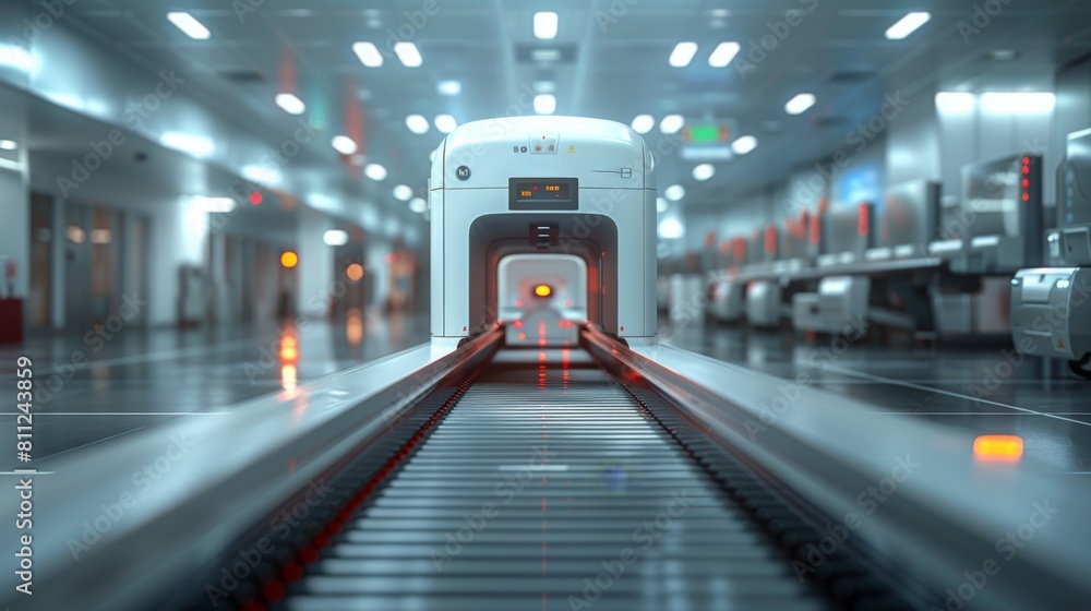 Poster a captivating 3d rendering depicting a scanner machine in action, meticulously scanning luggage at a