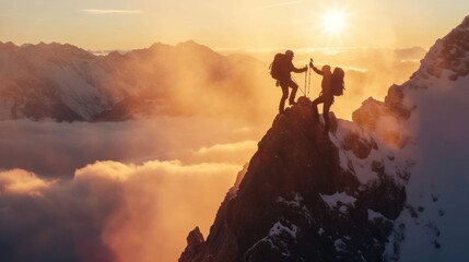 Naklejka premium Two hikers help each other standing on tip of mountain top in winter in rugged lands with snow and majestic view.
