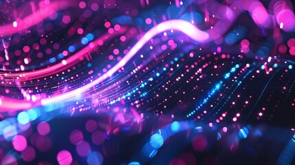 abstract background with pink blue glowing neon lines and bokeh lights. Data transfer concept....