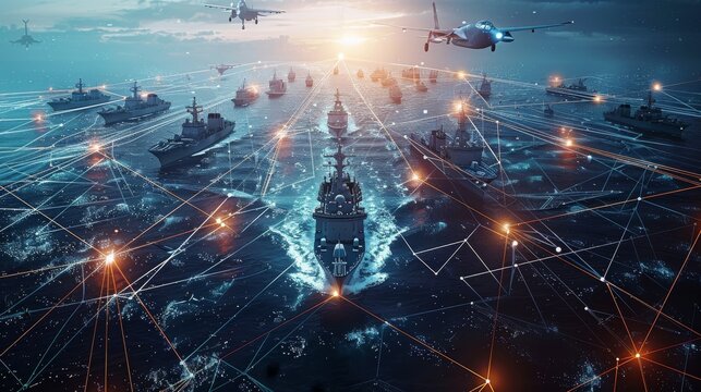 A display of modern military assets, including real currently used fighter planes, ships, satellites, and naval vessels connected by lines indicating communication or data links. Generative AI.