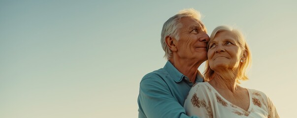 Elderly couple embracing at sunset