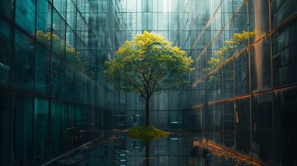 Lush Green Trees Contrasting Modern Glass Buildings in Urban Environment