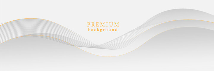 White and grey wave abstract background with golden lines. Elegant soft curve shape graphic design. Flowing wave lines. Horizontal banner template with space for your text. Vector
