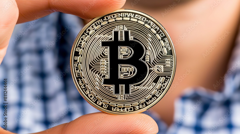 Poster Close up of hand holding physical bitcoin on digital backdrop with ample space for text placement