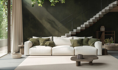 3d rendering, A simple yet elegant living room with dark gray walls, a white sofa and wooden floor. A olive throw blanket on the couch adds color to the space