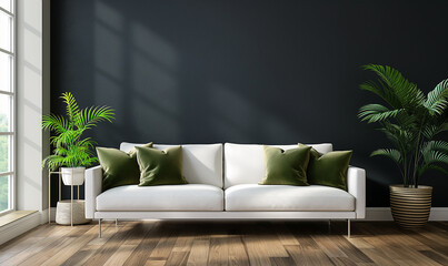 3d rendering, A simple yet elegant living room with dark gray walls, a white sofa and wooden floor. A olive throw blanket on the couch adds color to the space