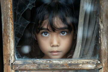 Portrait of a little girl looking through the window in the village