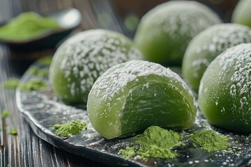 A close-up image of green tea mochi dusted with sugar on a sleek black plate, perfect for advertising in dessert boutiques or for visual addition in a recipe book about Japanese sweets.