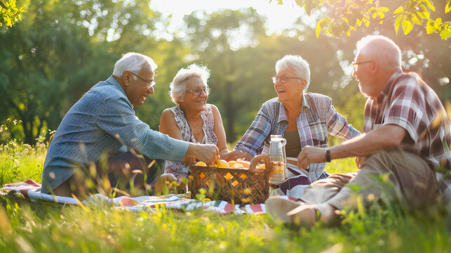 Group of senior people having fun doing pic nic at city park during spring time - Joyful elderly friendship and healthy lifestyle concept