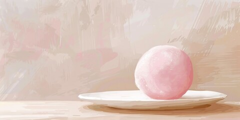 A digital painting of a pink mochi on a white plate set against a creatively textured background, suitable for modern art installations or digital media usage.
