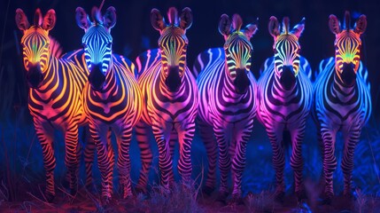 Seven zebras, glowing zebra pattern, colorful. Generative AI.