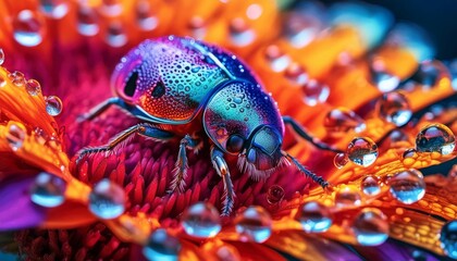 Macro shot of a beetle on a vibrant flower, highlighted by blue, orange, and red hues, with sparkling dew drops—ideal for educational and environmental uses.