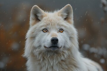 Portrait of a white wolf in the snow in the winter