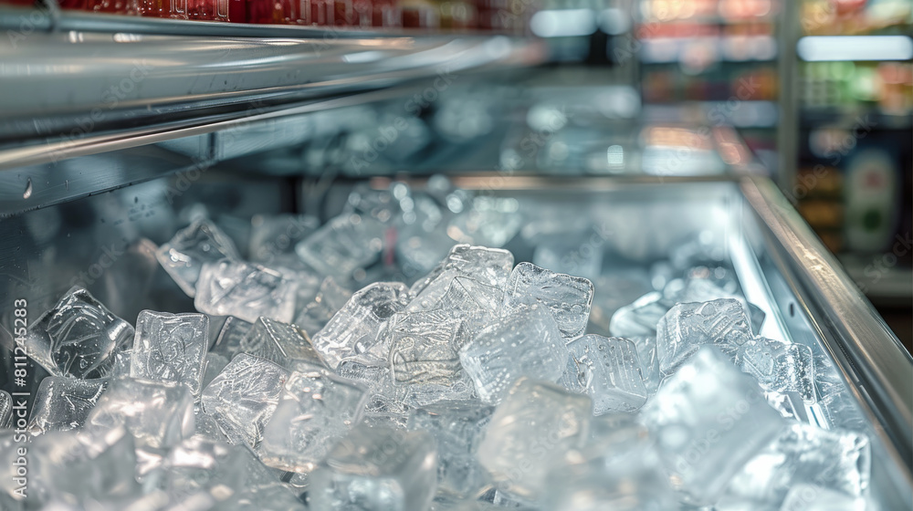 Poster A refrigerator in a supermarket filled with ice. Generative AI.