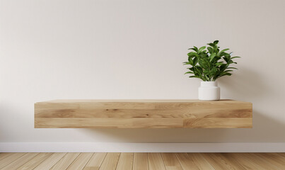 3D rendering, Wooden floating cabinet with plants on a white wall in the style of a minimalist home interior design of a modern living room, shown in a closeup view
