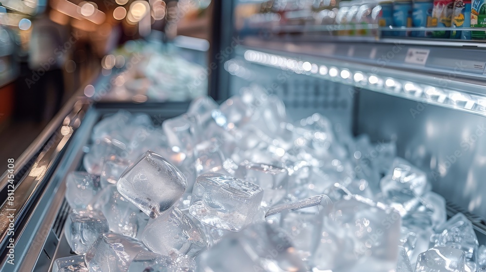Poster A refrigerator in a supermarket filled with ice. Generative AI.