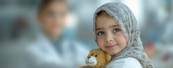 Young girl with teddy bear at hospital