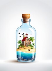 Illustration of a beach house inside a bottle